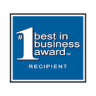 The Best in Business Award for North Alabama logo. It's blue with white lettering with the words !1 Best in Business Award Recipient 